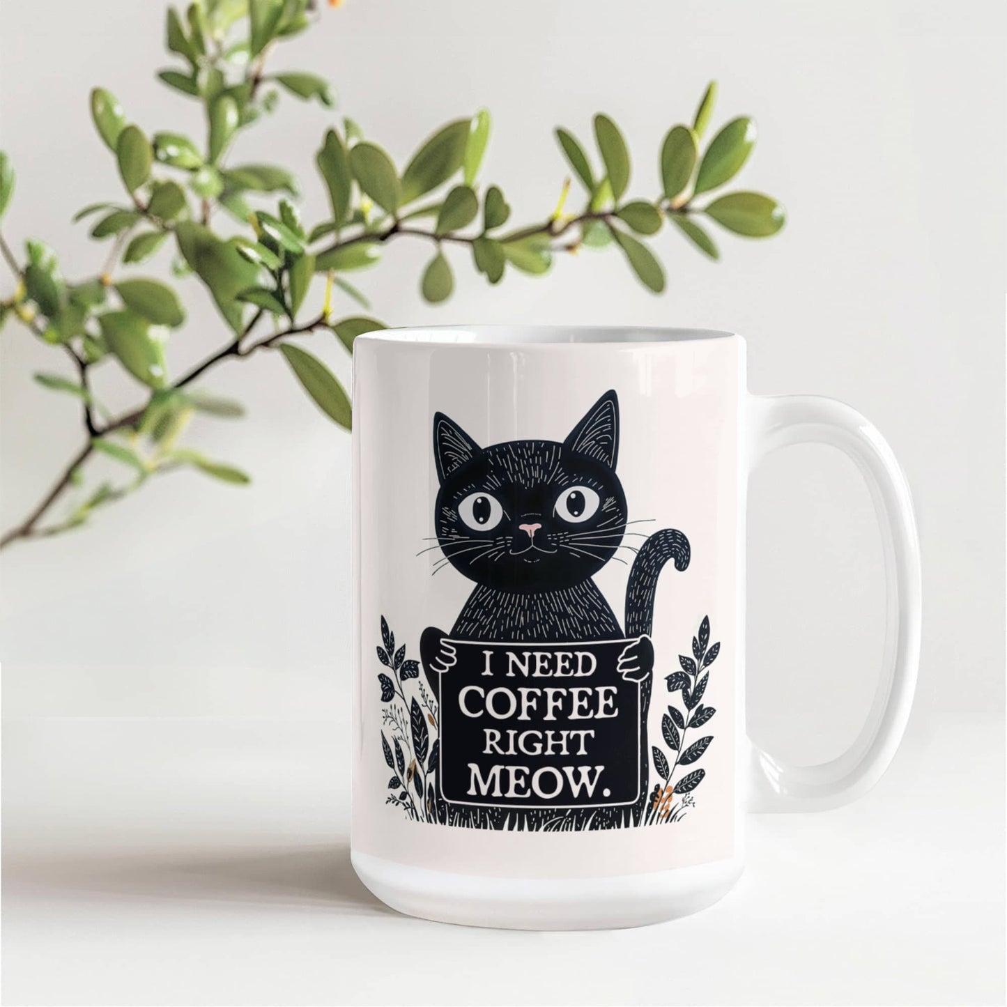 I Need Coffee Meow Ceramic Mug 15 oz